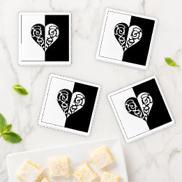 Black &White Filigree Heart Coaster Set