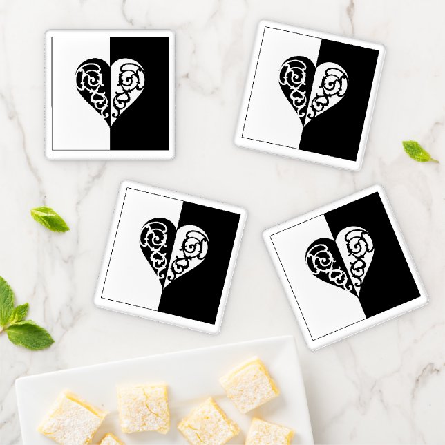 Black &White Filigree Heart Coaster Set (In Situ)