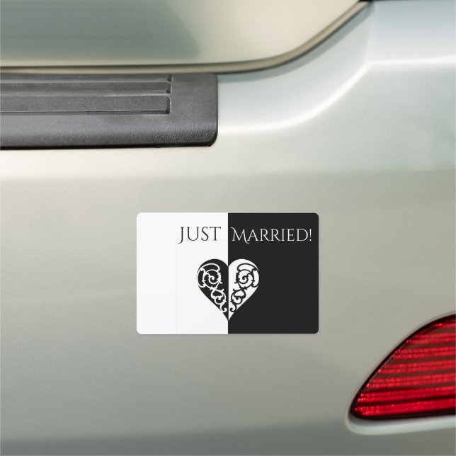 Black & White Filigree Heart Just Married Car Magnet (In Situ)