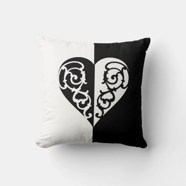 Black &White Filigree Heart Throw Pillow (Front)