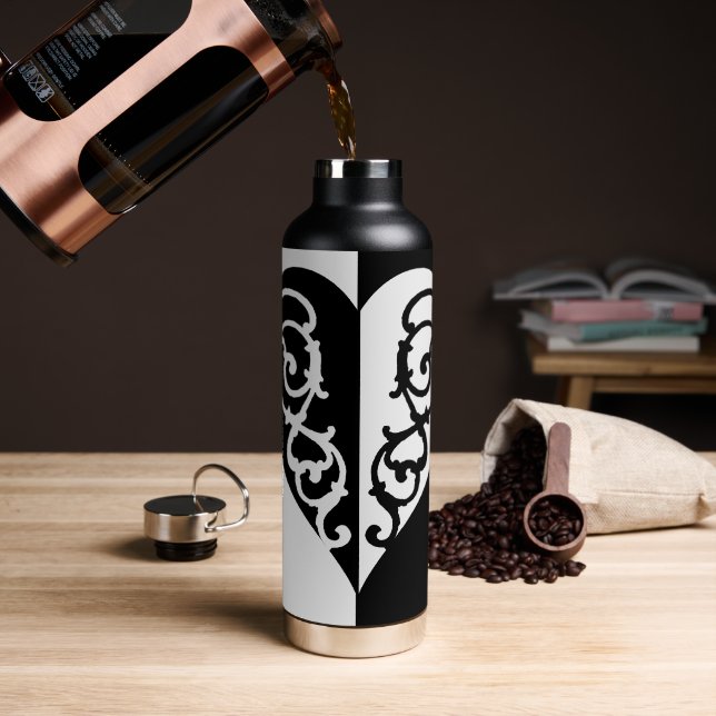Black &White Filigree Heart Water Bottle (Coffee)