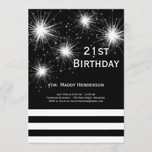 Black & White Fireworks 21st Birthday Invitation