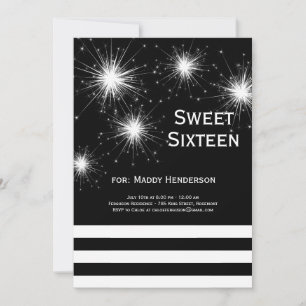 Black & White Fireworks Sweet Sixteen Invitation