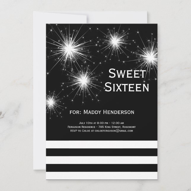 Black & White Fireworks Sweet Sixteen Invitation (Front)