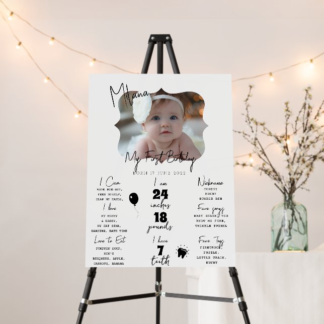 Black & White First Birthday Milestones Sign (In Situ (Stand))