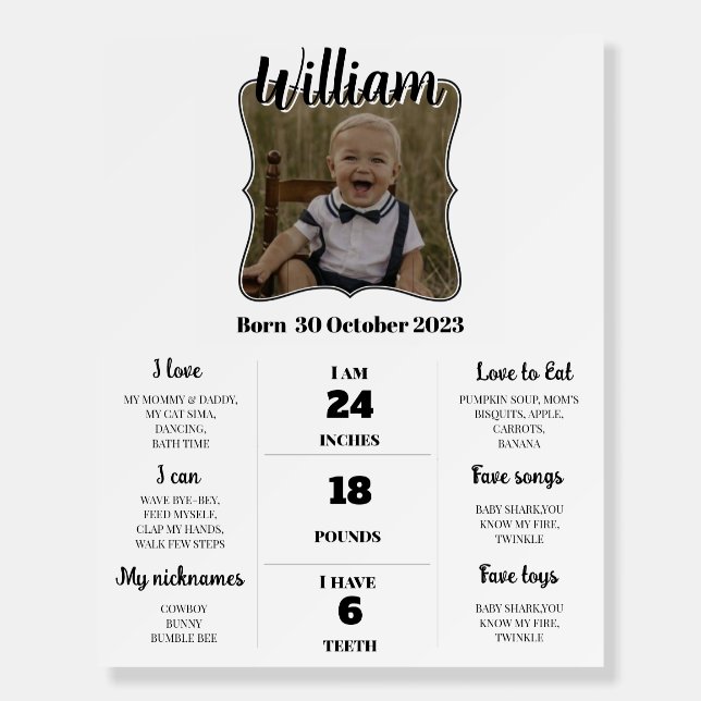 Black & White First Birthday Milestones Sign (Front)