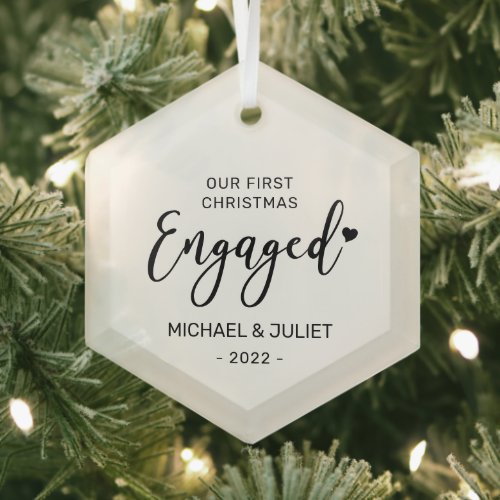 Black  White First Christmas Engaged Couples Glass Ornament