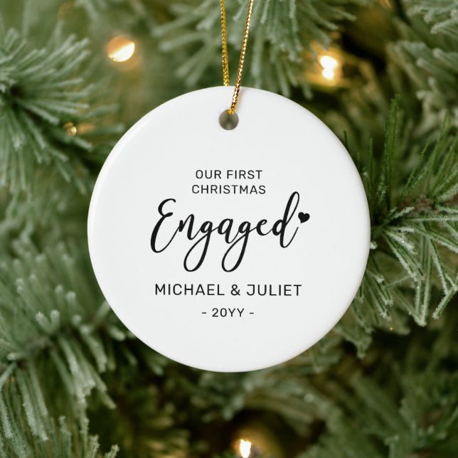 Black & White First Christmas Engaged Photo Orname Ceramic Ornament (Tree)