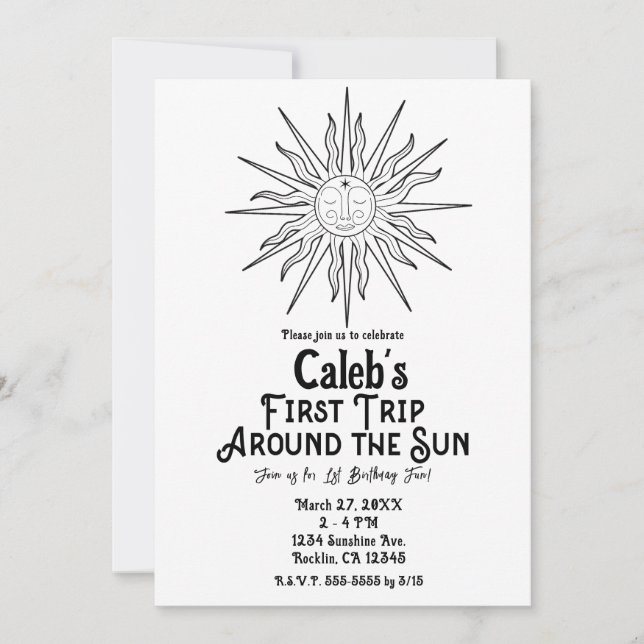 Black & White First Trip Around Sun 1st Birthday  Invitation (Front)