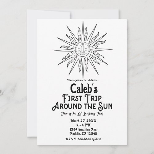 Black  White First Trip Around Sun 1st Birthday  Invitation