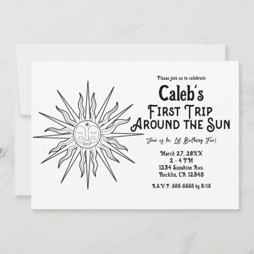 Black  White First Trip Around Sun 1st Birthday  Invitation