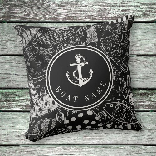 Black White Fish Pattern Nautical Anchor Boat Name Outdoor Pillow