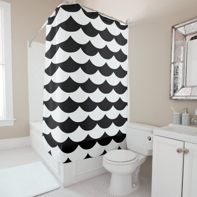 Black & White Fish Scale Print Shower Curtain (In Situ)