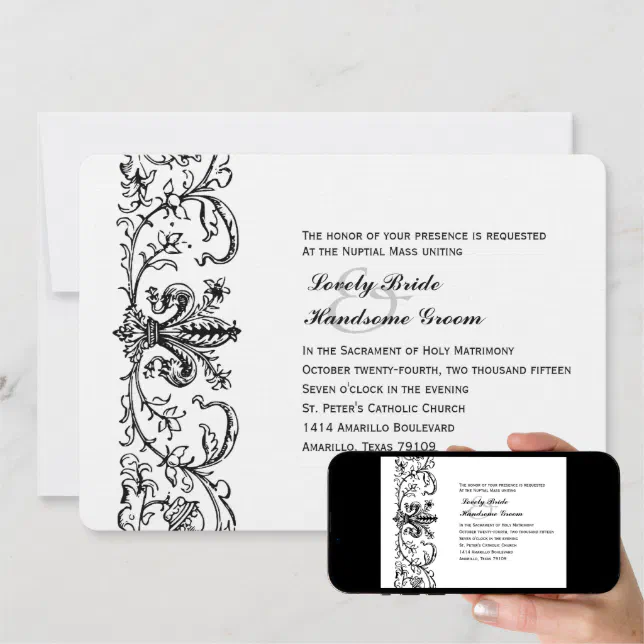 Black White Fleur Catholic Wedding Invitation 