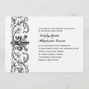 Black White Fleur Catholic Wedding Invitation