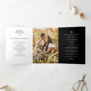Black white fleur de lis custom photo wedding Tri-Fold program