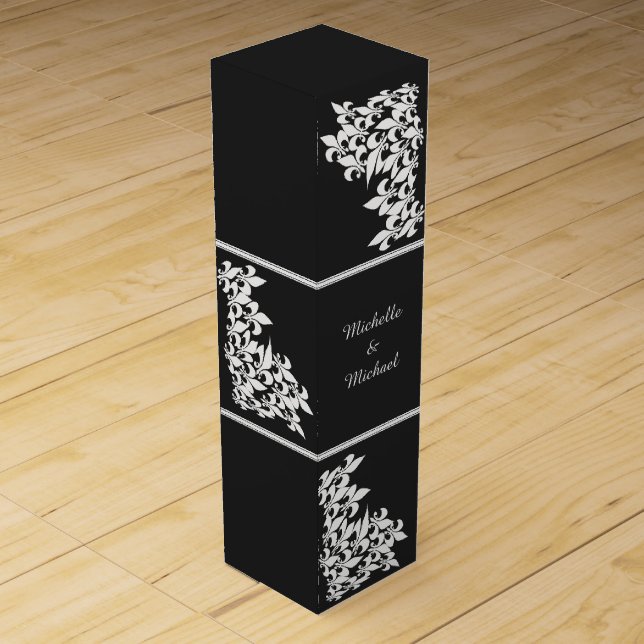 Black White Fleur de Lis Damask Wine Gift Box (Back)