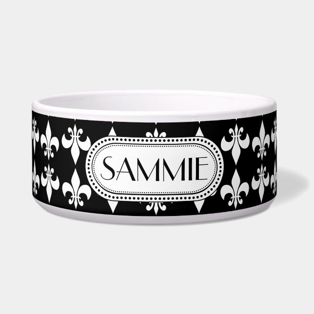 Black | White Fleur de Lis Monogram Pattern Bowl (Front)