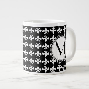 Black White Fleur de Lis Monogram Pattern Large Coffee Mug