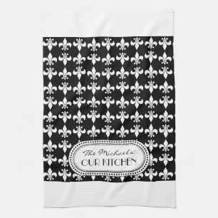 Black White Fleur de Lis Monogram Pattern Towel