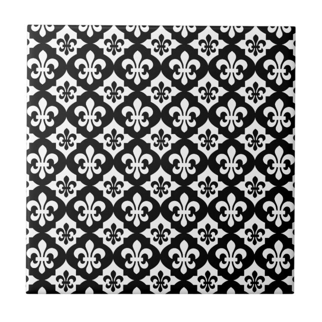 Black White Fleur De Lis Pattern Ceramic Tile (Front)