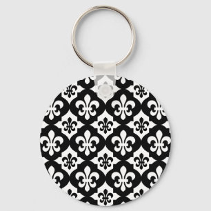 Black White Fleur De Lis Pattern Keychain