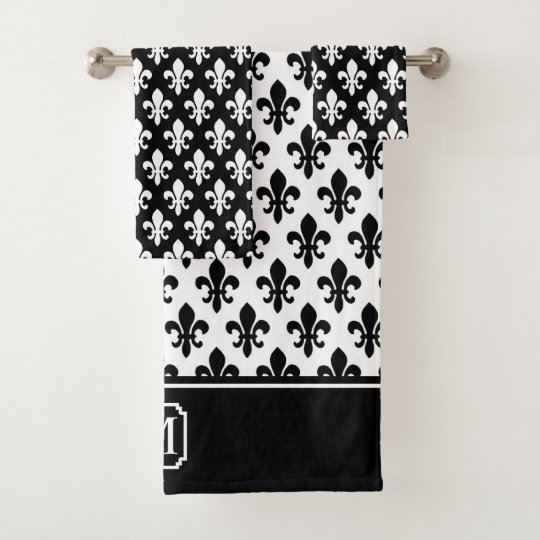 Black White Fleur De Lis Pattern Monogram Bath Towel Set Zazzle Com
