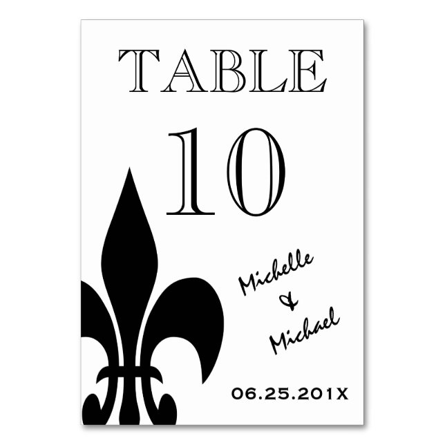 Black White Fleur de Lis Table Number Card (Front)