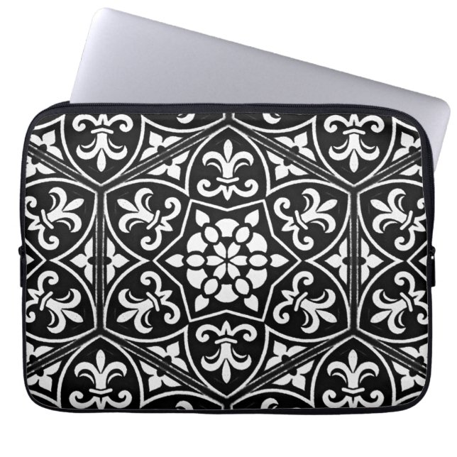 Black&white fleur de lis vertical floral pattern laptop sleeve (Front)