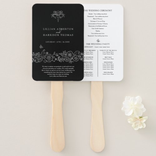 Black white fleur de lis wedding program thanks hand fan