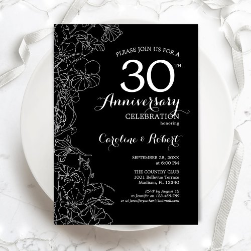 Black White Floral 30th Anniversary Invitation