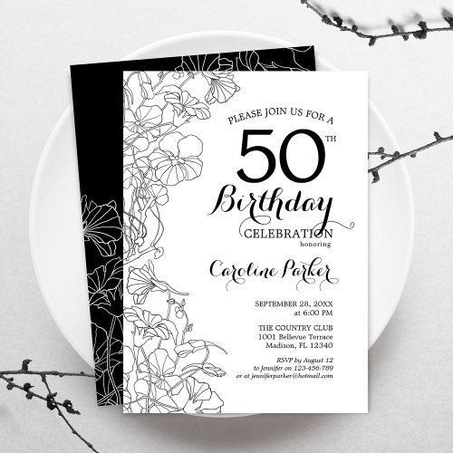 Black White Floral 50th Birthday Party Invitation