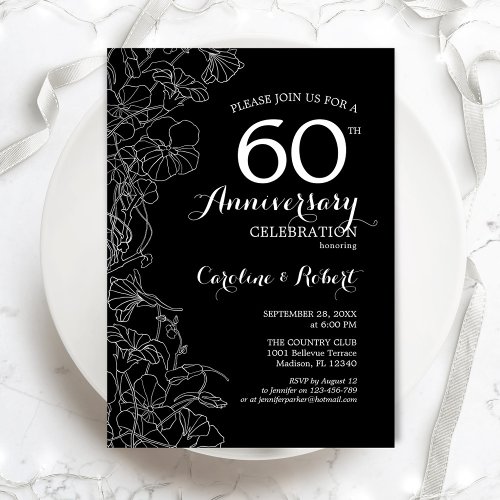 Black White Floral 60th Anniversary Invitation