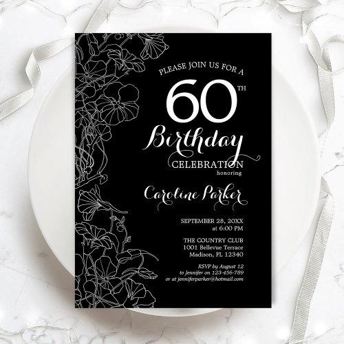 Black White Floral 60th Birthday Invitation