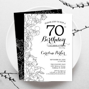 Black White Floral 70th Birthday Party Invitation