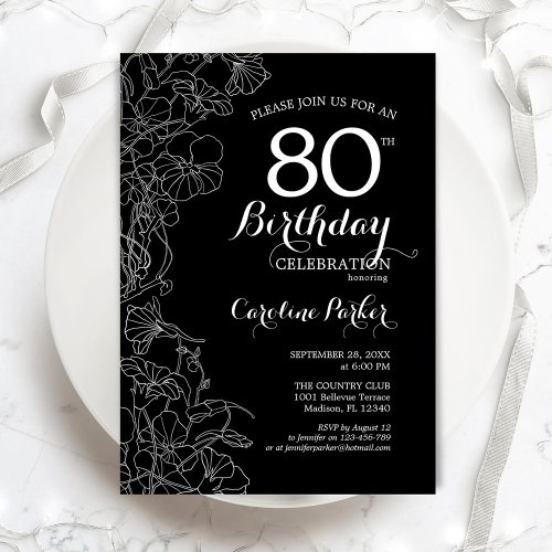 Black White Floral 80th Birthday Party Invitation