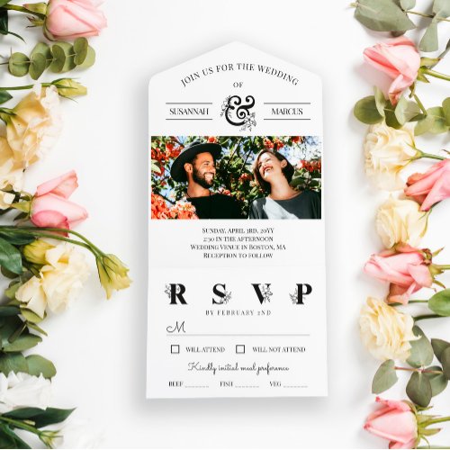 Black White Floral Ampersand Photo Wedding  All In One Invitation