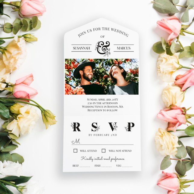 Black White Floral Ampersand Photo Wedding  All In One Invitation (Creator Uploaded)