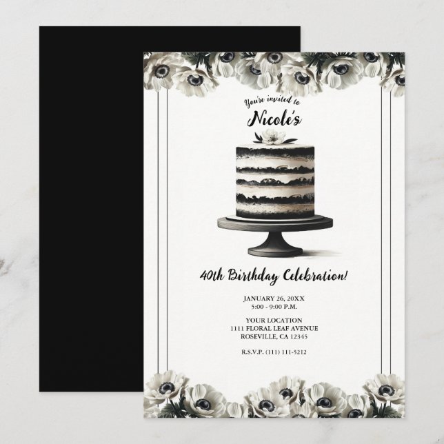 Black & White Floral Anemone Cake Birthday Party Invitation (Front/Back)