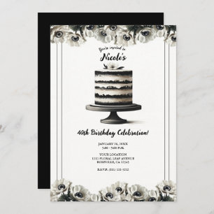 Black & White Floral Anemone Cake Birthday Party Invitation