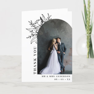 Black & White Floral Arch Photo Wedding Folded Letterpress Thank You Card