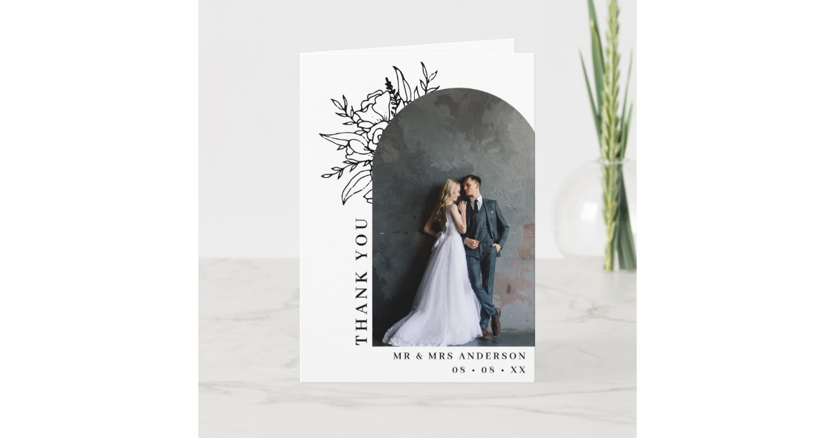 Black & White Floral Arch Photo Wedding Folded Thank You Card | Zazzle
