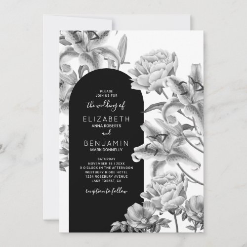 Black White Floral Arch Wedding Invitation - Flora black & white wedding invitations featuring a simple white background, elegant grayscale garden watercolor flowers, and a modern wedding template that can easily be personalized.