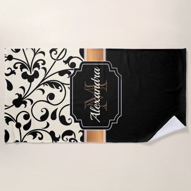 Black & White Floral Beach Towel (Front)