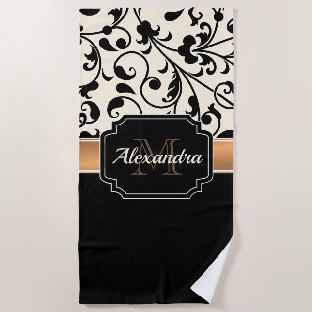 Black & White Floral Beach Towel (Front)