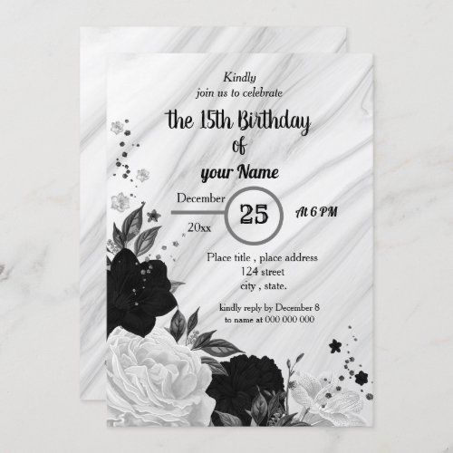 Black  white floral birthday party invitation