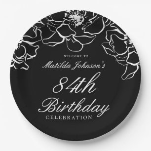 Black White Floral Birthday Party Paper Plates
