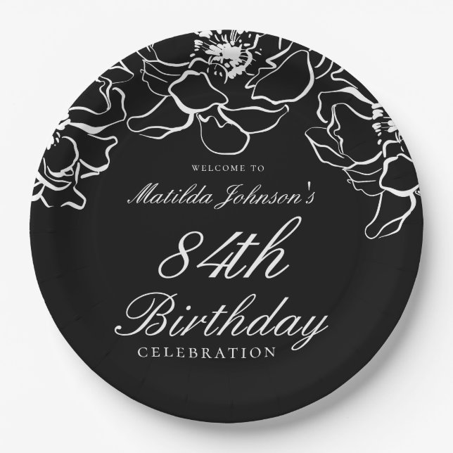 Black White Floral Birthday Party Paper Plates (Front)