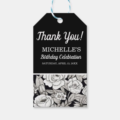 Black White Floral Birthday Thank You Gift Tags