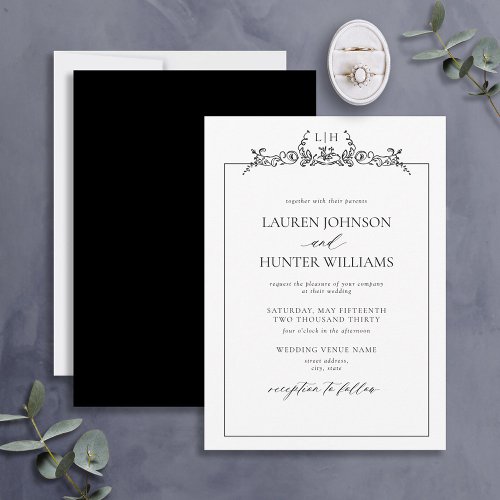Black White Floral Border Monogram Wedding Invitation